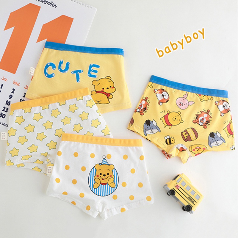 Set 4 Quần Lót Boxer Cotton Kháng Khuẩn In Họa Tiết Hoạt Hình Cho Bé Trai