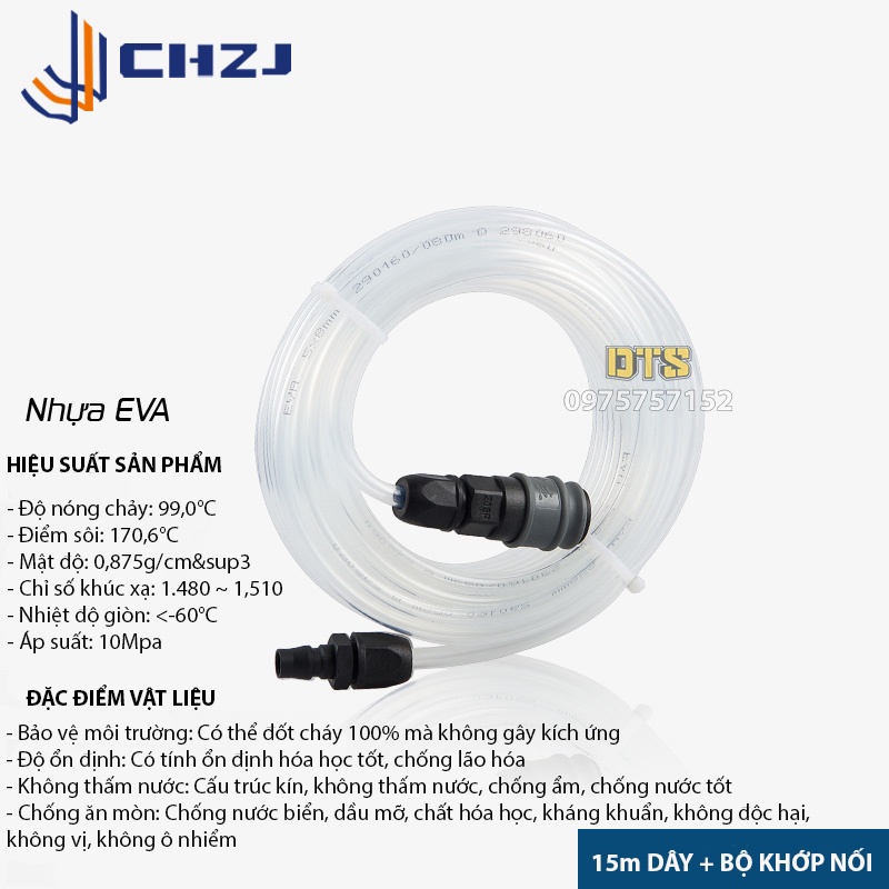 Bộ 15m ống dây hơi khí nén EVA Đài Loan CHZJ 5x8mm, khớp nối nhanh SPPP tự động, chịu áp lực suất cao, độ bền vượt trội