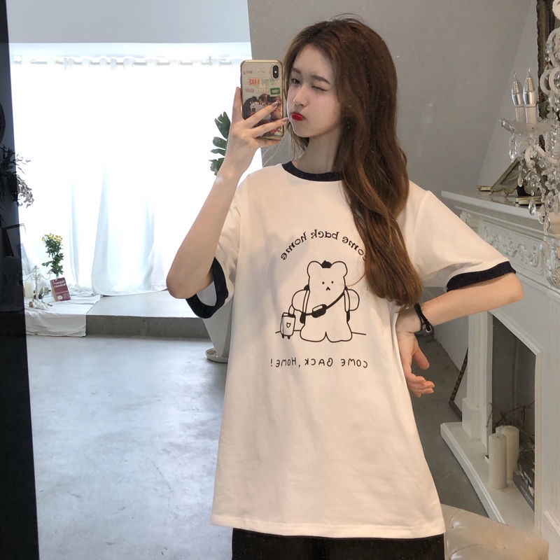 Áo Thun Tay Ngắn Cổ Tròn In Hình Gấu Dễ Thương Phong Cách Hàn Quốc Thời Trang Mùa Hè Cho Bạn Gái