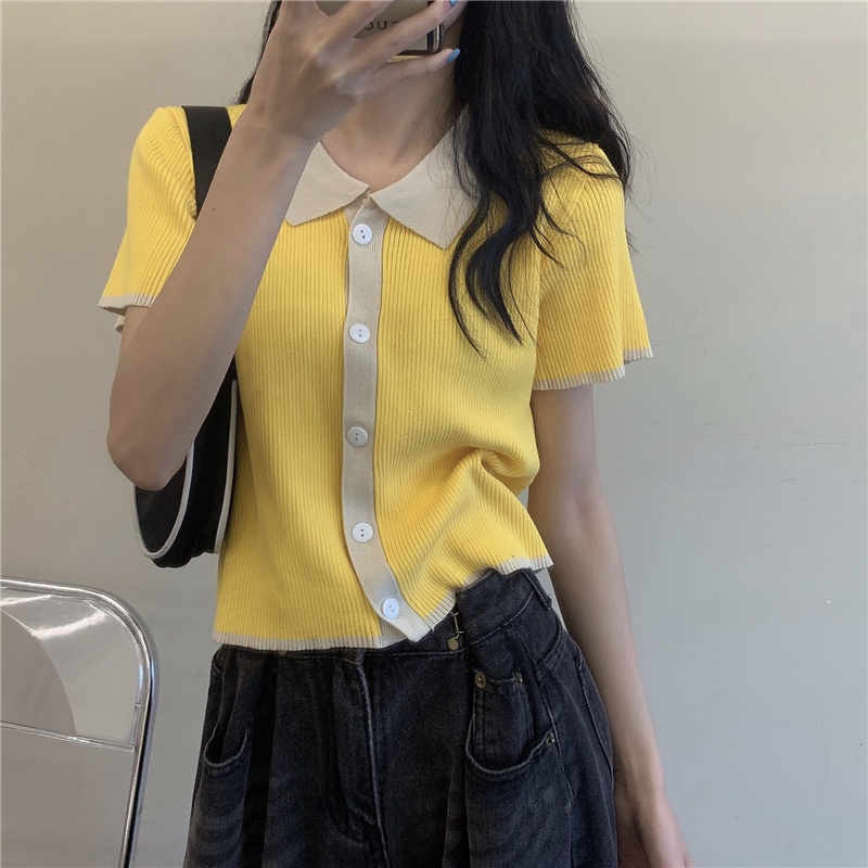 【ZHELIHANGFEI】 / Áo Thun polo Dệt Kim Tay Ngắn Màu Tương Phản Phong Cách Hàn Quốc Dễ Phối Đồ Thời Trang Mùa Hè Dành Cho Bạn Nữ