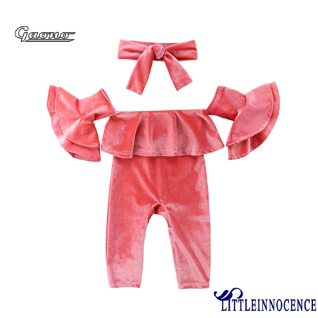 Bộ jumpsuit dài trễ vai kèm băng đô nơ vải nhung xinh xắn cho bé gái