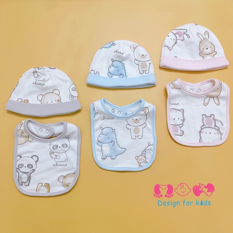 Yếm đeo cổ lót nỉ mềm, mũ sơ sinh cotton 2 lớp hàng xuất dư Chicco cho bé
