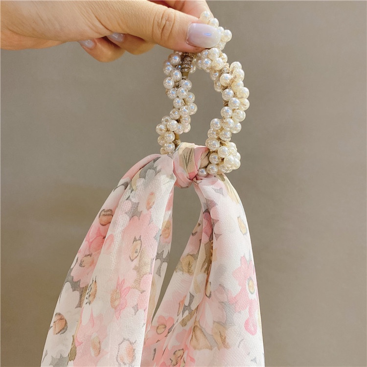 Dây Buộc Tóc Ruy Băng Đính Ngọc Trai Giả In Họa Tiết Mới Cho Nữ