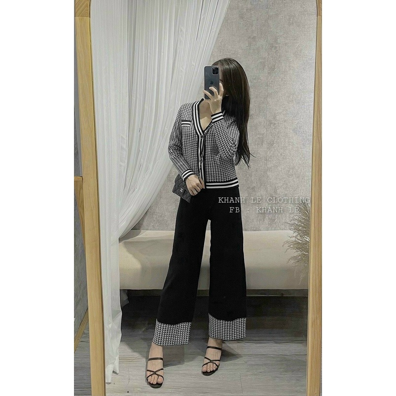Sét len nữ quảng châu, áo len nữ tay dài phối kẻ caro kèm quần suông cực sang chảnh chất len mịn mềm dày dặn Oanh Shop | BigBuy360 - bigbuy360.vn