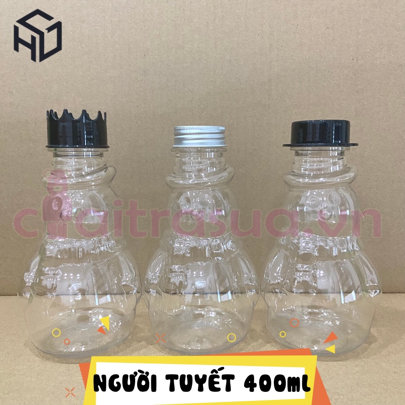 Chai nhựa PET Nắp Nhôm Cao Cấp Hình Người Tuyết 400ml Dán Stiker Trang trí đầy đủ phụ kiện đi kèm