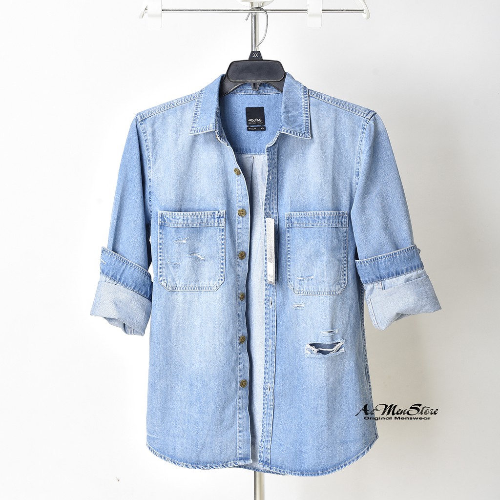 [Mã FASHIONMALLT4 giảm 15% tối đa 30K đơn 150k] Áo sơ mi nam Denim wash xanh nhạt Routine | BigBuy360 - bigbuy360.vn