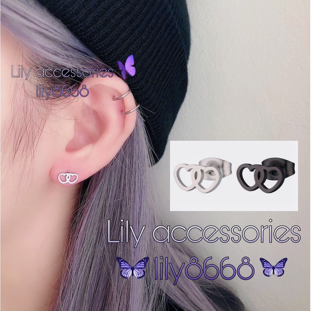 Double Heart Empty Earring khuyên tai titan trái tim không gỉ không đen không dị ứng cho nam nữ unisex