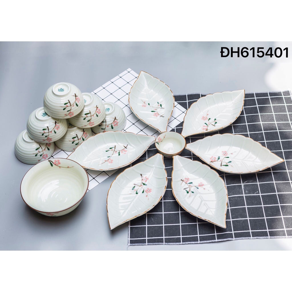 Bộ bát đĩa men kem Bát Tràng chính hãng vẽ hoa đào hồng nhiều mẫu siêu đẹp