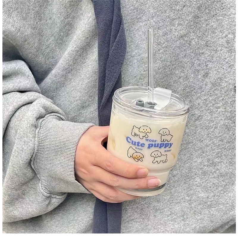 Cốc Uống Nước Bằng Thủy Tinh Có Ống Hút Phong Cách Hàn Quốc