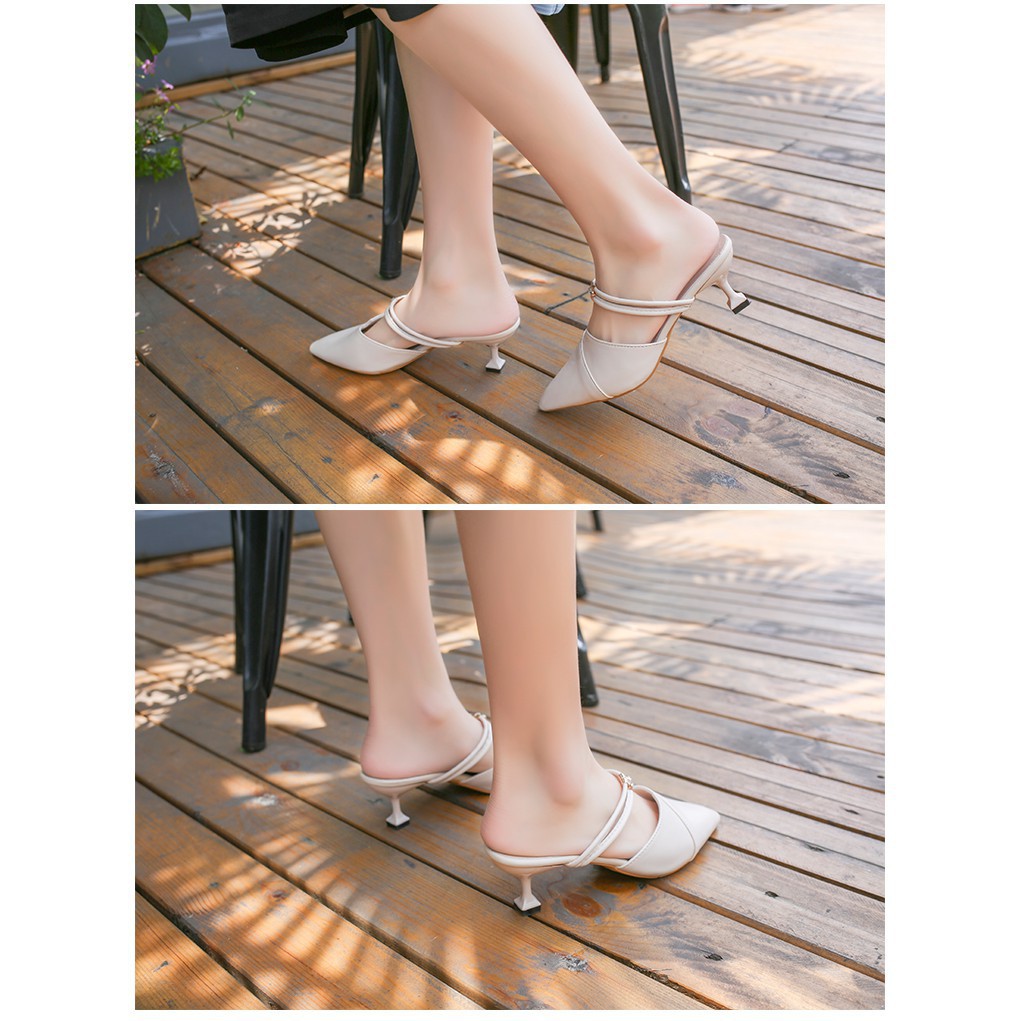 Korean Stilettos Mule Shoes Fashion Ladies Pointed Toe Block Shoes 2 Ways To Wear