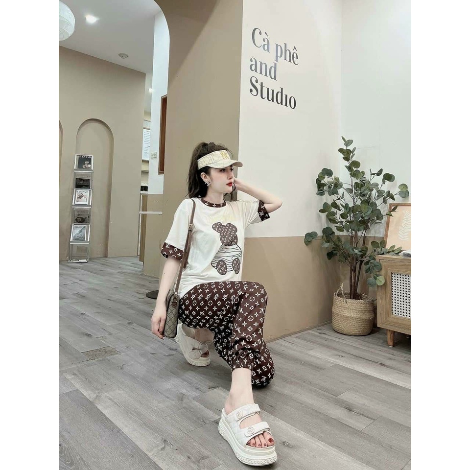 Đồ Bộ Thun Dài Form Rộng Áo Thun Cotton Thêu Gấu Nâu Quần Dài Thun Lạnh In 3D