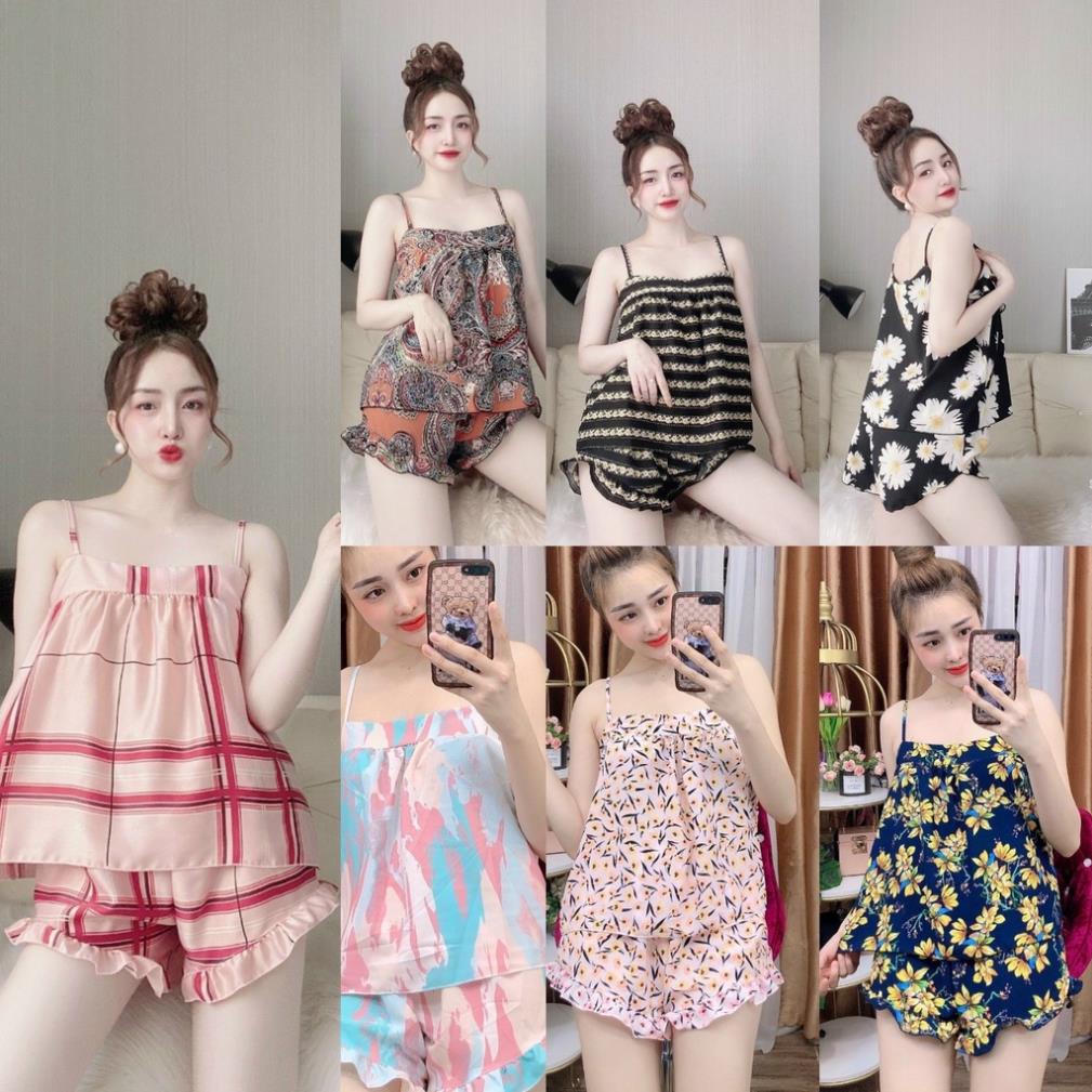 đồ ngủ 2 dây quần bèo siêu xinh vải lụa hàn họa tiết lạ siêu dễ thương freesize dưới 57kg !