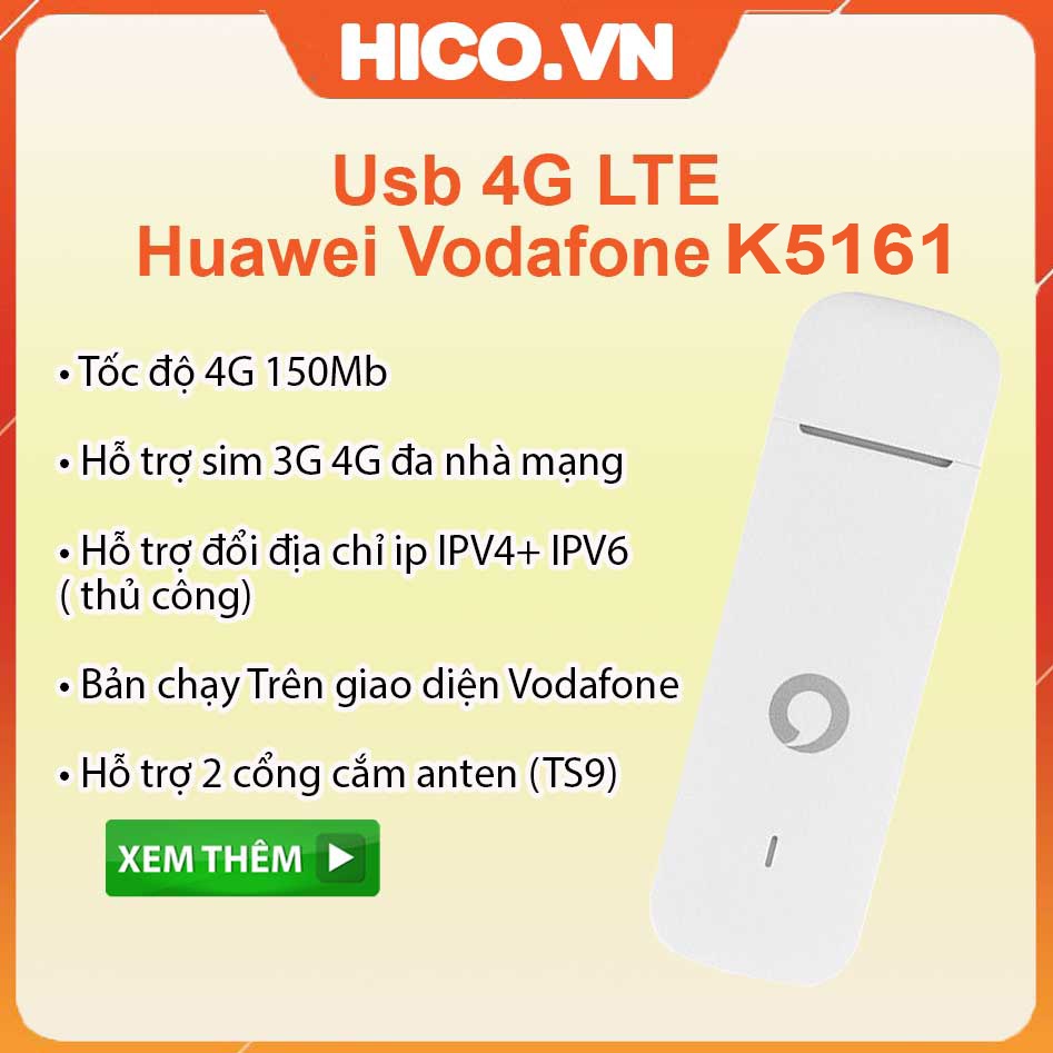 USB Dcom 4G HUAWEI VODAFONE K5160 K5161 Chạy Bộ Cài Mobile Parter - Hỗ TRợ Đổi Ip - Tốc Độ 150Mbps