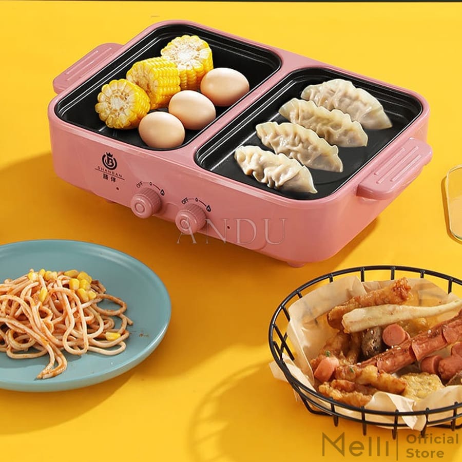 Bếp Lẩu Nướng Mini 2 Ngăn SHABAN Cao Cấp 2 In 1 Siêu Chống Dính, Nồi Lẩu Nướng Hàn Quốc