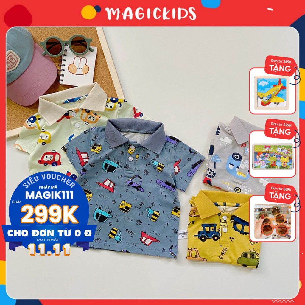 Áo polo cotton cộc tay trẻ em họa tiết ô tô nhiều màu sắc đáng yêu cho bé trai từ 9-30kg