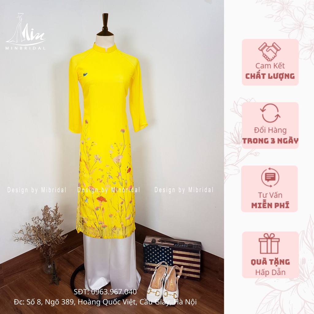 Ao Dài cách tân dáng xuông 4 tà chất liệu voan tơ óng in hoa văn màu vàng | BigBuy360 - bigbuy360.vn