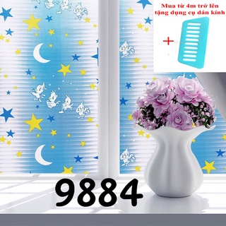 Giấy dán kính mờ khổ 90cm dài đặt theo số lượng x1m mã 9884 trăng sao màu xanh