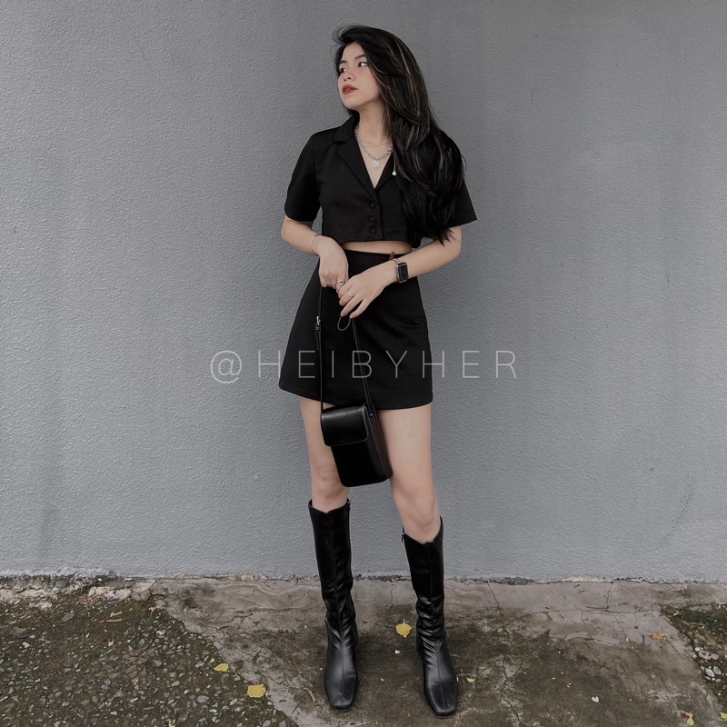 MORA SET: Áo crop blazer nút bọc + Chân váy chữ A HEIBYHER