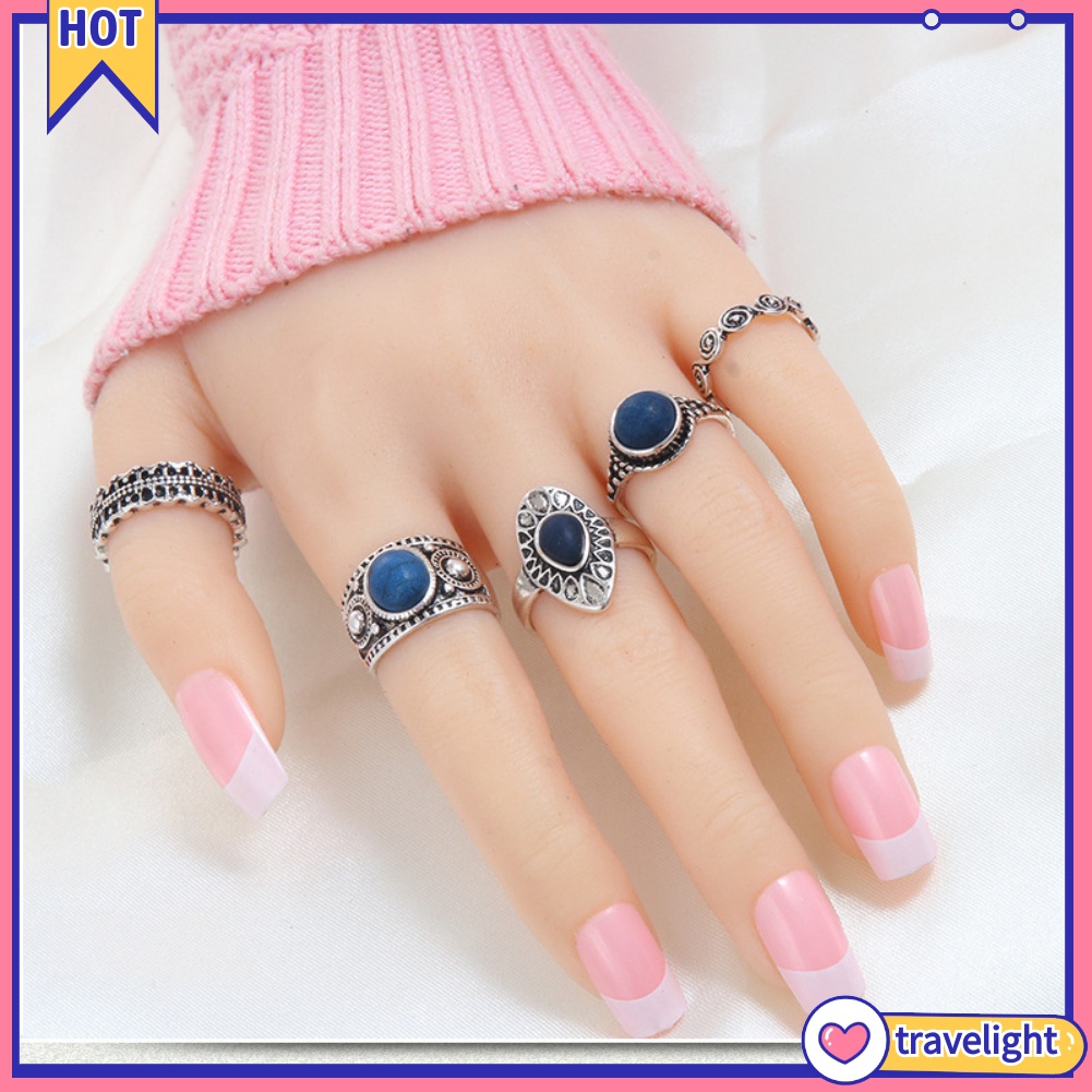 Set 5 Nhẫn Đính Đá Xanh Phong Cách Bohemian Cổ Điển Cho Nữ