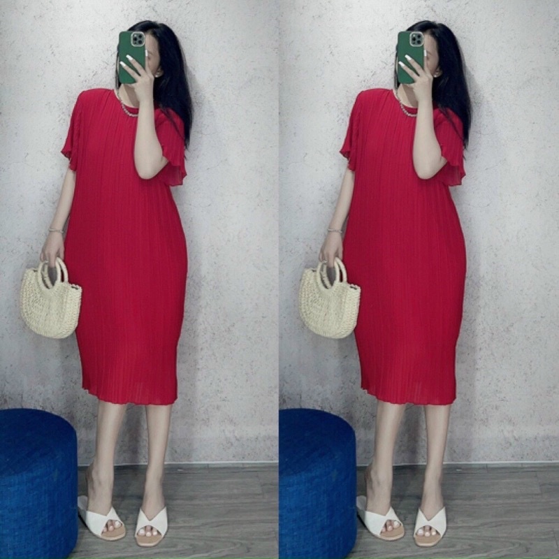 [Hàng đẹp]Đầm dập ly dáng suông tay ngắn bầu bí bon chen thoải mái-hình thật. alohashop91