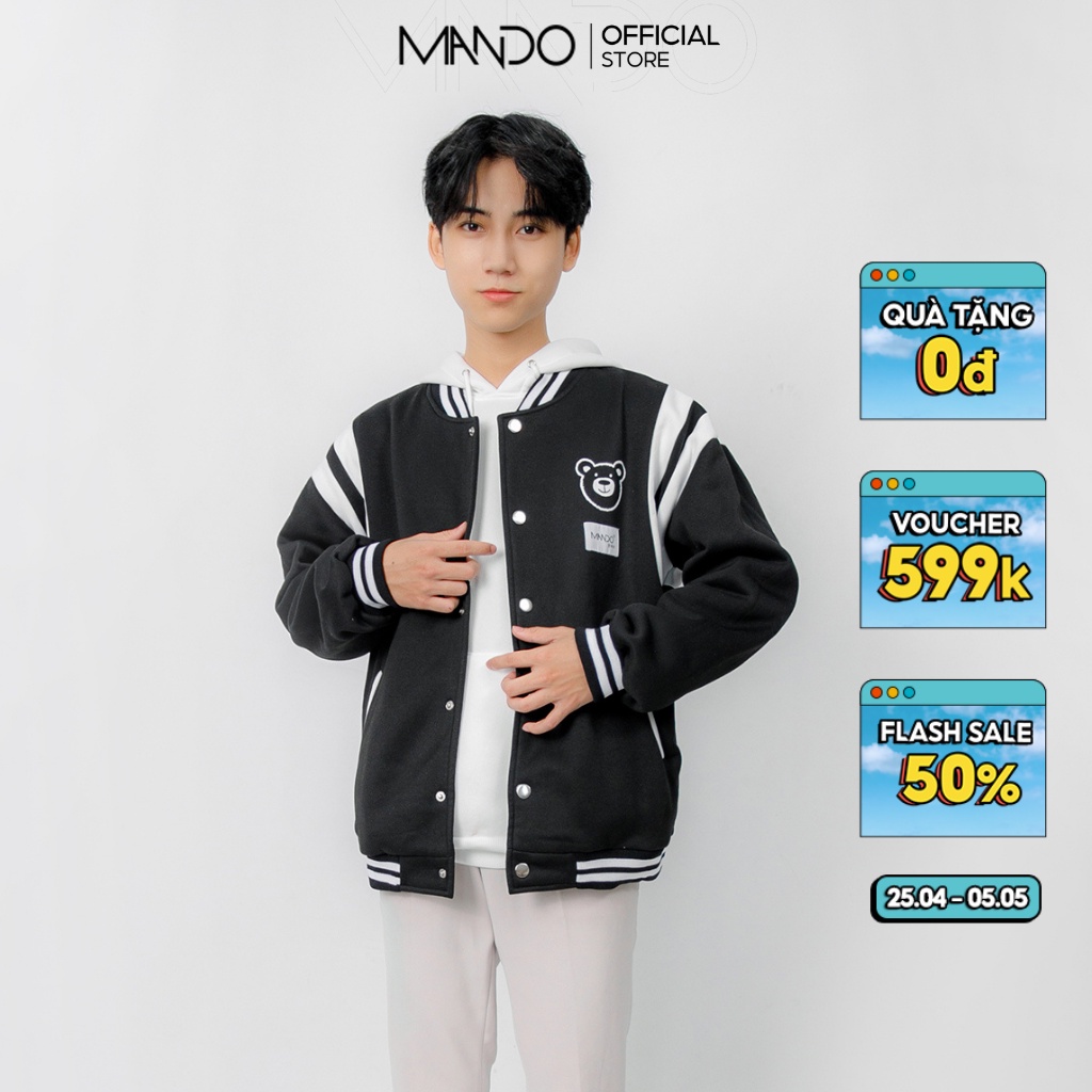 Áo Khoác Bomber Varsity Nỉ Gấu Nam MANDO, Áo Thể Thao Nỉ Bông Cao Cấp Dáng Rộng Basic Varsity Thời Trang Hàn Quốc NDN082