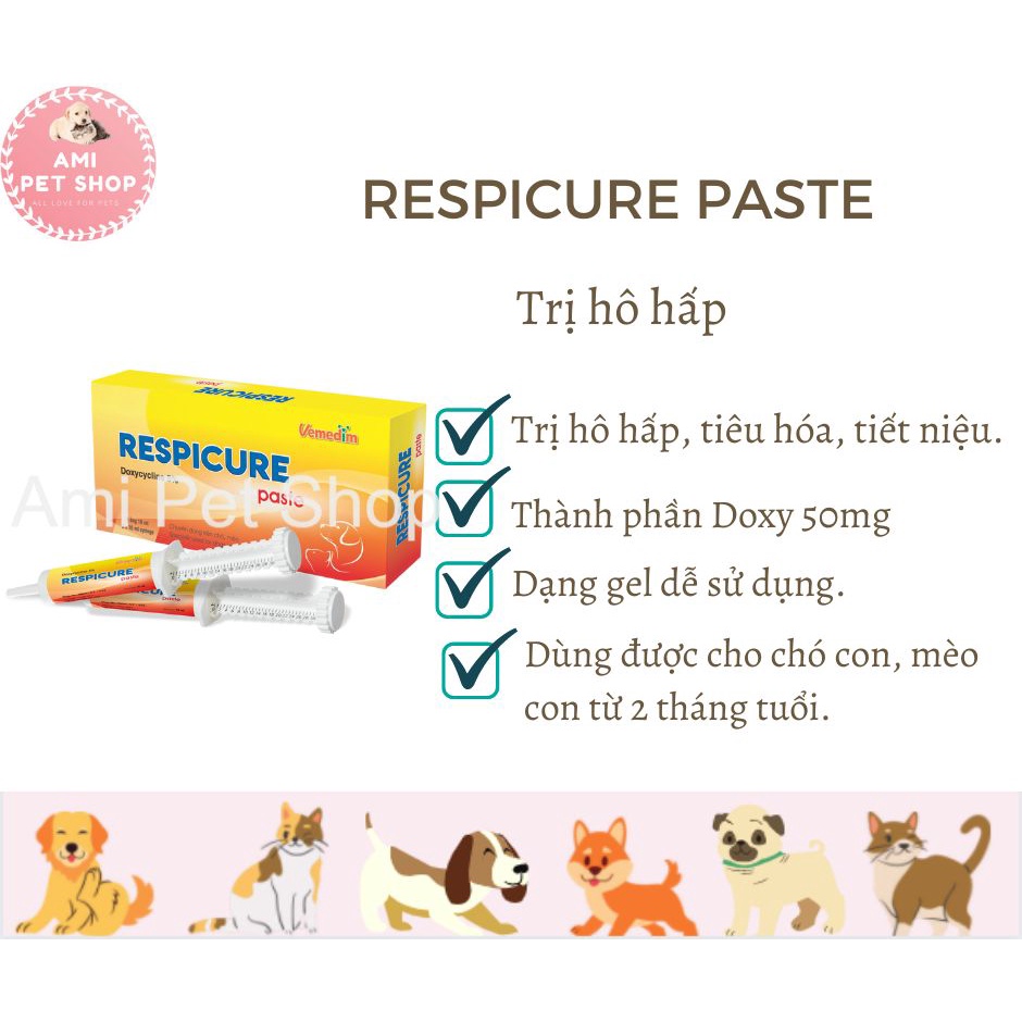 Gel dùng cho chó mèo bị hô hấp, tiêu hóa Respicure Paste Vemedim, 1 ống/ 1 hộp 2 ống
