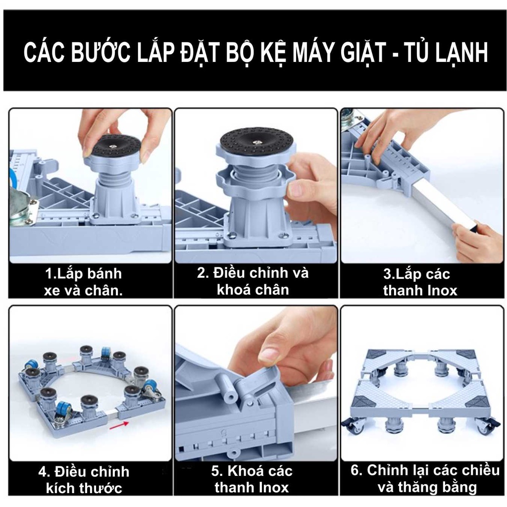 Kệ tủ lạnh máy giặt cao cấp - 4 bánh xe đôi, 4 chân cố định.