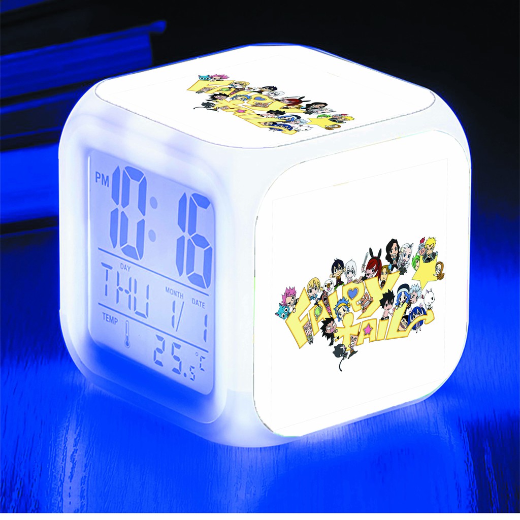 Đồng hồ báo thức để bàn in hình Fairy Tale Hội pháp sư anime chibi LED đổi màu
