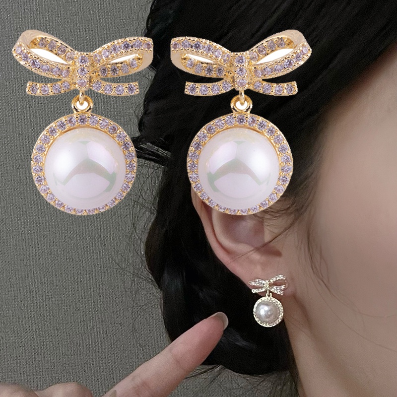 Đôi Khuyên Tai Hình Nơ Đính Ngọc Trai Thời Trang Cho Nữ