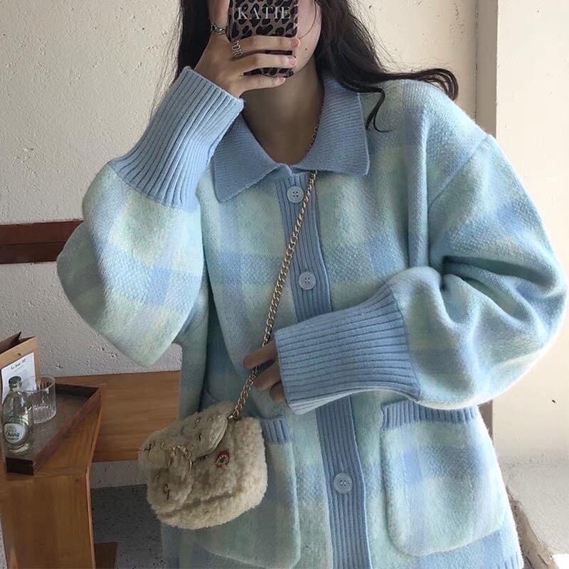 KHOÁC CARDIGAN CAO CẤP DÁNG THỤNG XANH CARO