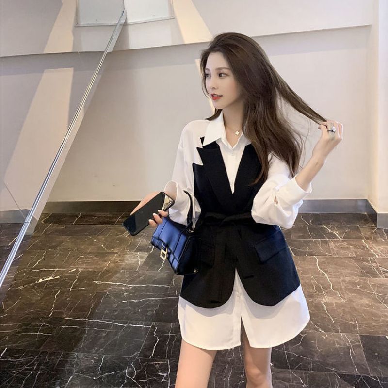 [Order] Đầm sơ mi trắng thiết kế phối vest đen liền Quảng Châu đẹp có size