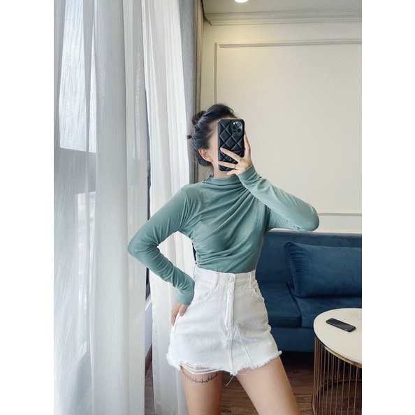 Áo thun dài tay cổ 3p nhúm eo