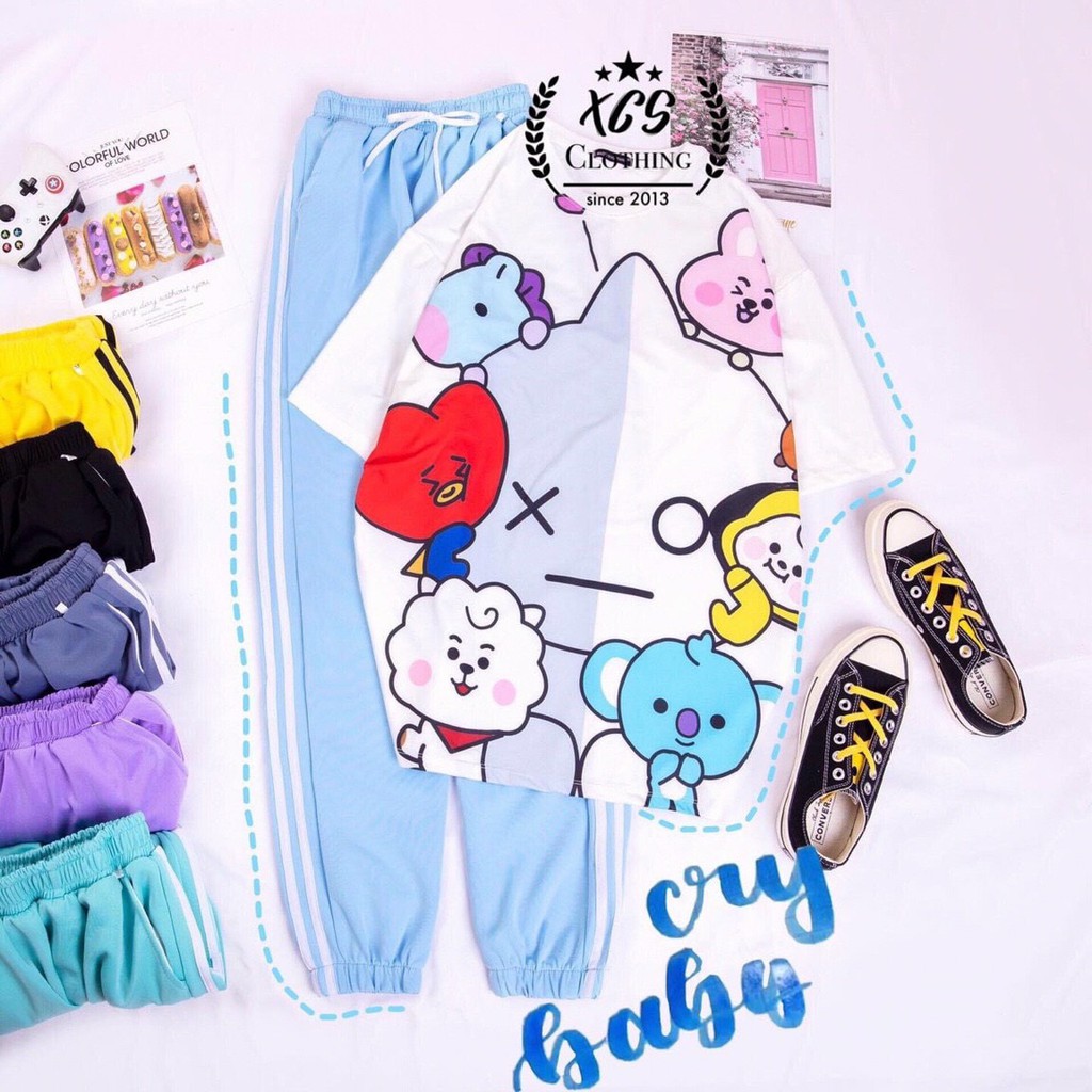 Set đồ bộ quần dài Jogger 2 Sọc XANH BIỂN NHIỀU MẪU ❤️ Bộ hoạt hình form rộng Unisex Molly Fashion