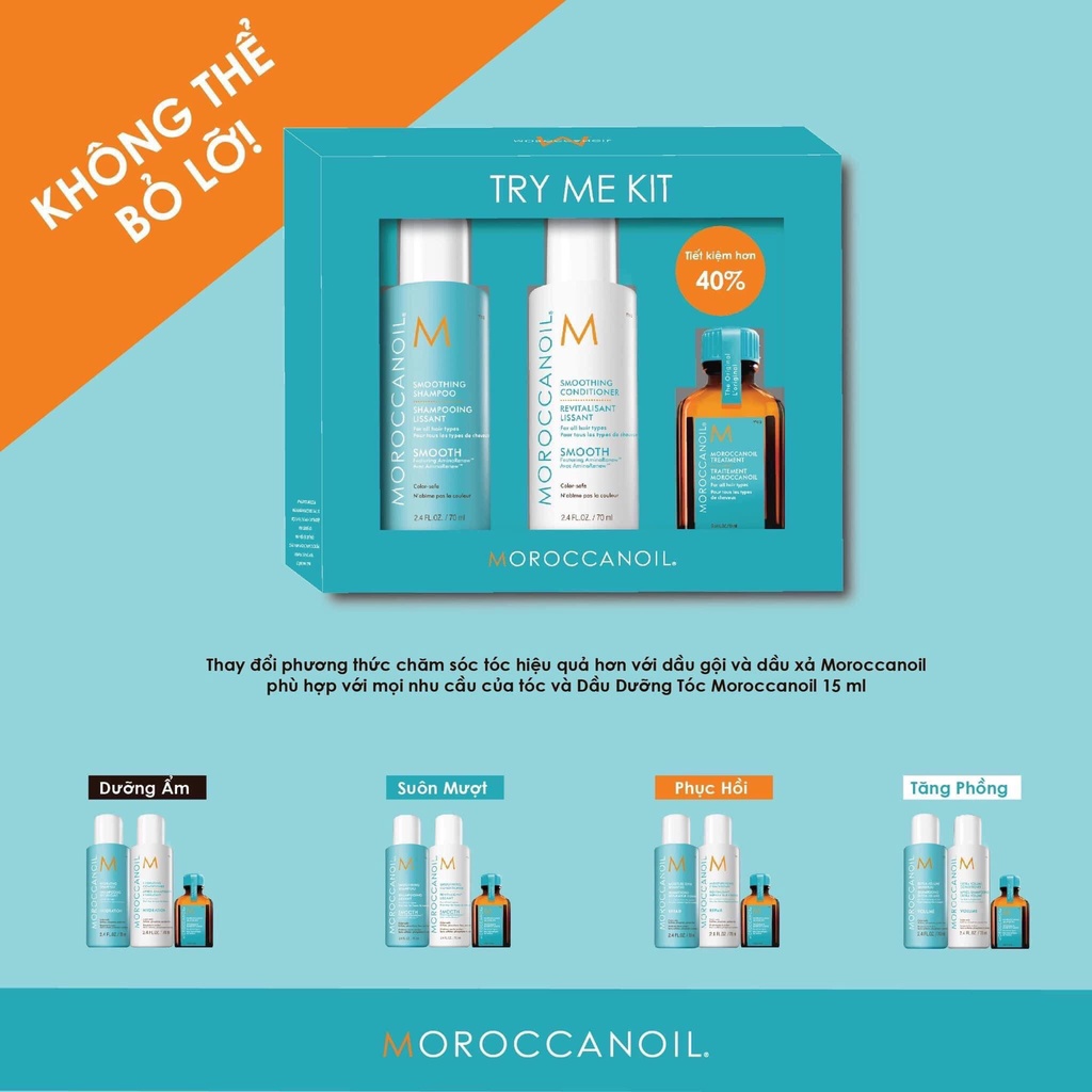 Set gội xả dưỡng tóc Moroccanoil Try Me Kit (Gội 70ml + Xả 70ml + Tinh dầu 15ml)