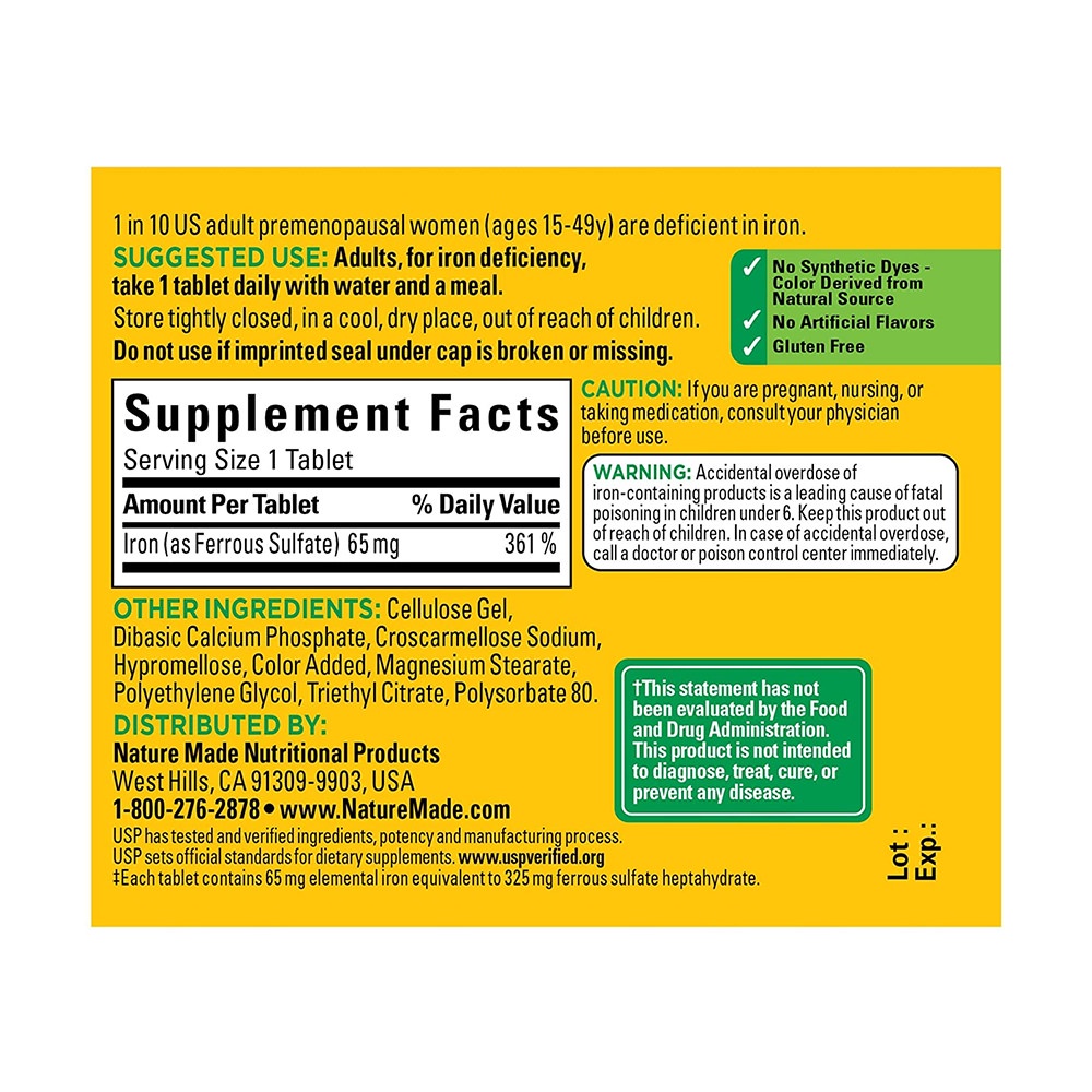 Viên uống bổ sung sắt Nature Made Iron 65mg 365 viên của Mỹ