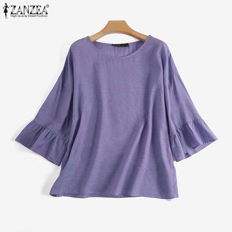 Áo kiểu Zanzea cổ tròn tay bèo 3/4 họa tiết caro thời trang cho nữ