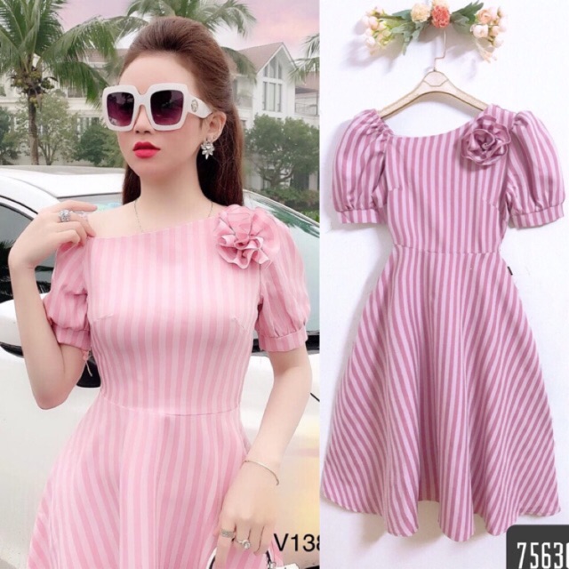 Đầm xoè kate sọc đính hoa (Free/big size M-2XL)