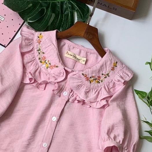 Áo sơ mi bé gái 6-12 tuổi tay lỡ thêu hoa, Sơ mi trắng cho bé vải thô đũi mềm mát