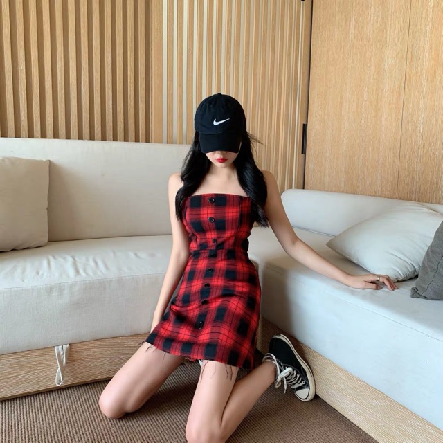 (Order 5-10days) Size S-4XL Set váy 2 dây kẻ caro + áo khoác ngoài mỏng 2020 | BigBuy360 - bigbuy360.vn