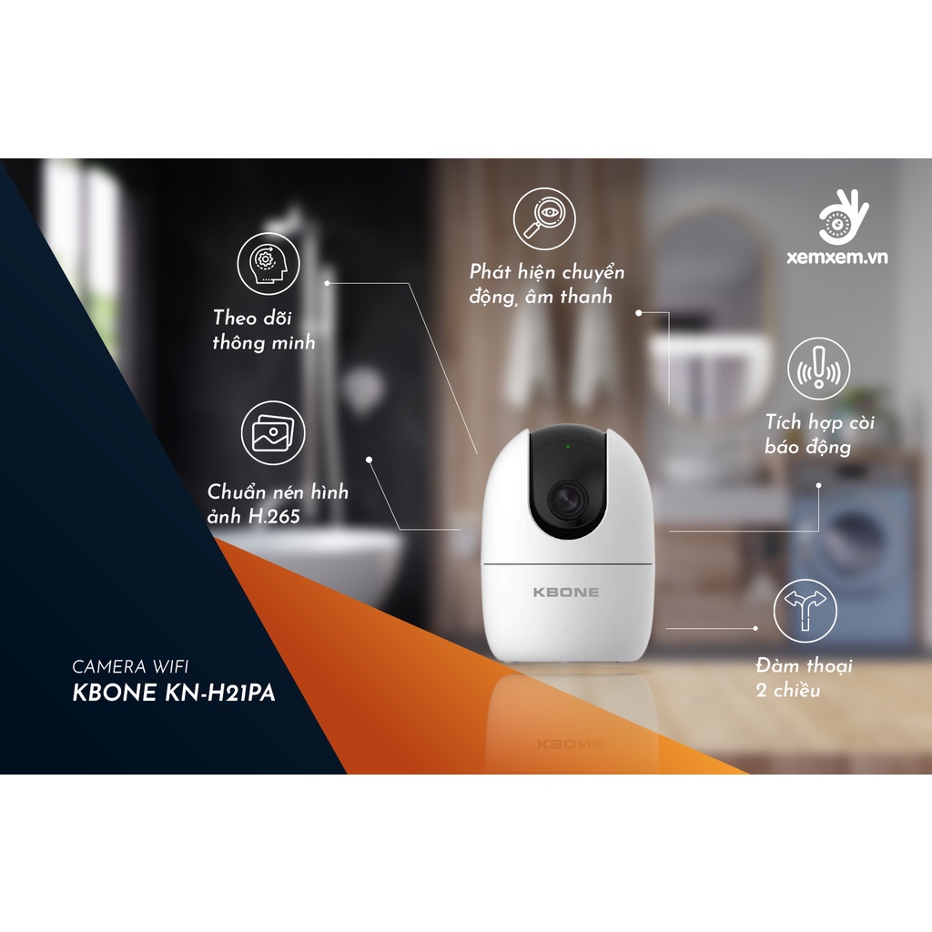 Camera IP Wifi KBONE KN-H21PW 2.0 Megapixel, quan sát 360 độ, tích hợp còi báo động, đàm thoại 2 chiều