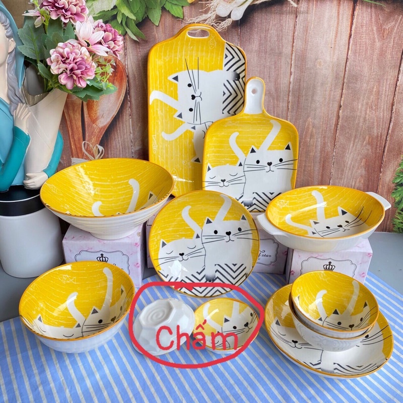 Bát đĩa gốm sứ decor Tổng hợp bộ bát đĩa mèo vàng siêu xinh