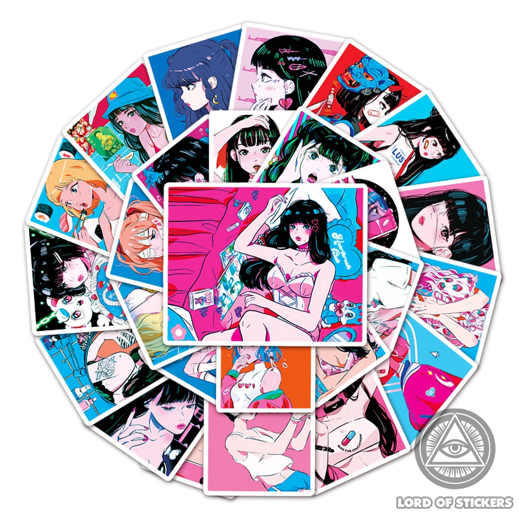 Set 50 Nhãn Dán Hoạt Hình Cô Gái Nhật Bản Sticker Cute Anime Aesthetic Chống Thấm Nước Trang Trí Mũ Bảo Hiểm, Laptop, Sổ
