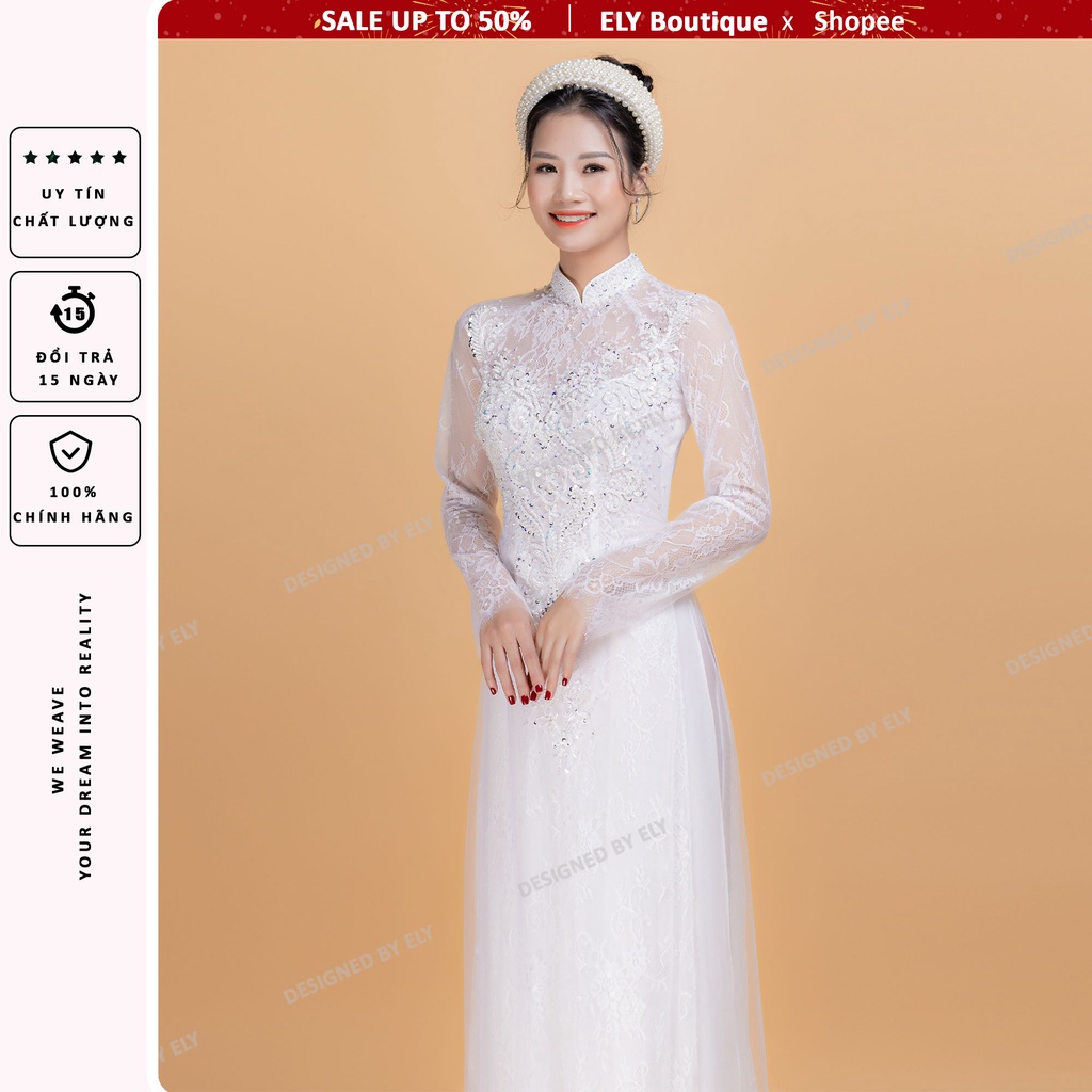 Áo dài cưới truyền thống ELY Boutique, áo dài trắng đính kết ren đẹp, 3 lớp 6 tà