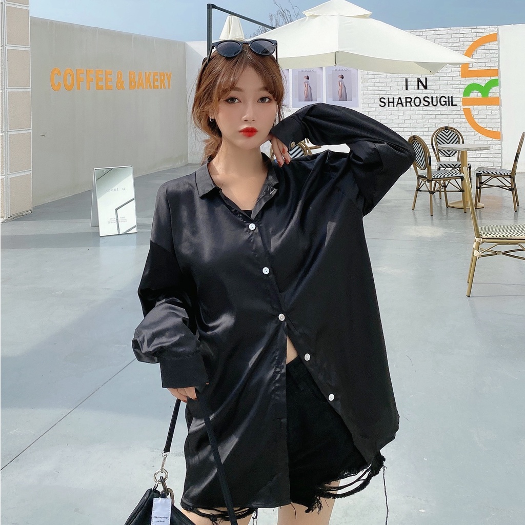 Áo sơ mi SUXI tay dài màu trơn dáng rộng hợp thời trang cho nữ