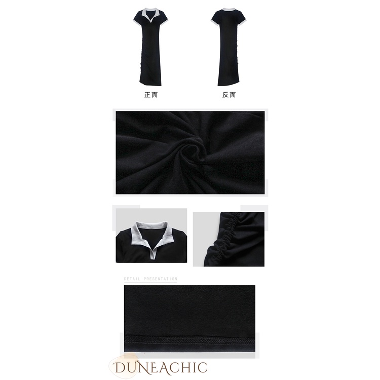 DUNEA Đầm Cổ Polo Rút Dây Xếp Ly Xẻ Tà Màu Tương Phản Quyến Rũ Cho Nữ