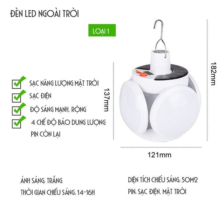 ĐÈN LED NĂNG LƯỢNG MẶT TRỜI, SẠC ĐIỆN NGOÀI TRỜI SÂN VƯỜN, CẮM TRẠI, TRỒNG CÂY, HỘI CHỢ