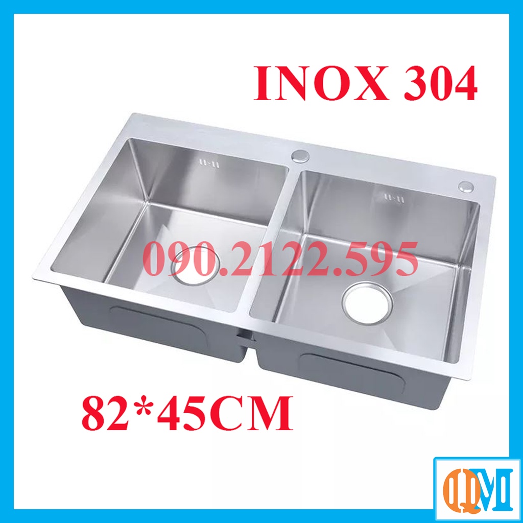 Bộ Chậu rửa chén bát INOX 304 cao cấp 2 hố cân cỡ 82x45cm, màu xám bạc chống trày xước, dễ vệ sinh - QM.CR001