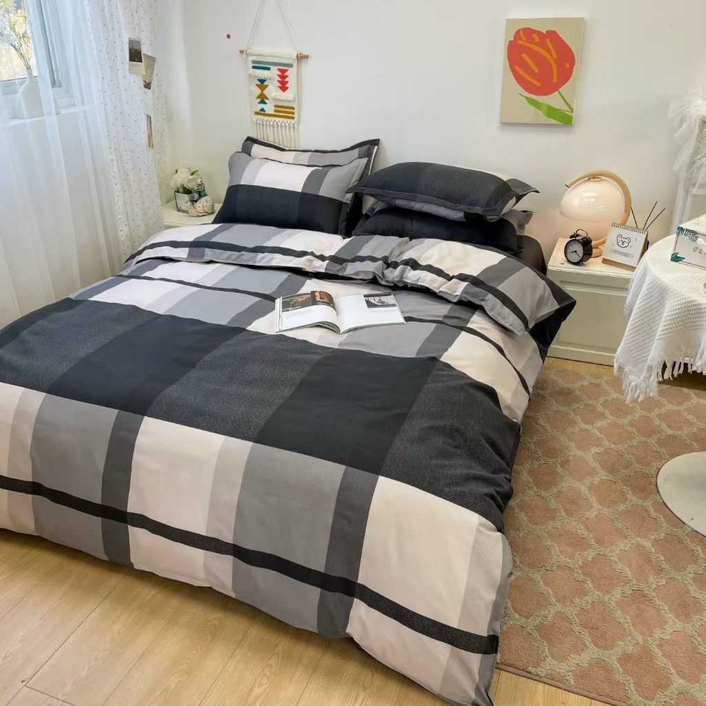 Bộ chăn ga gối Cotton poly M2T bedding gồm vỏ chăn mền, drap ga giường và 2 vỏ gối nằm - PL Kẻ mới