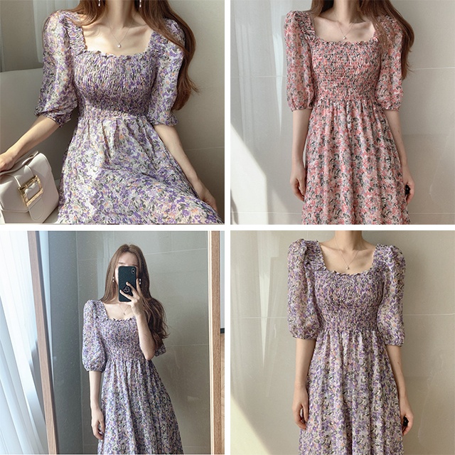 Đầm Voan Hoa Tay Ngắn Eo Co Giãn Thời Trang Mùa Hè Dành Cho Nữ