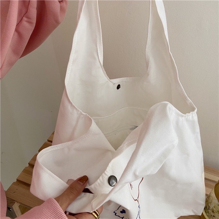 Túi tote Vải canvas mềm in hình dễ thương có ngăn phụ,cúc bấm tiện dụng